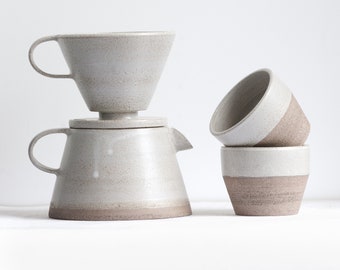 TO ORDER Set of coffee dripper/pour over+coffee jug/pot+two tumblers in white&gray color, stoneware, handmade ceramic