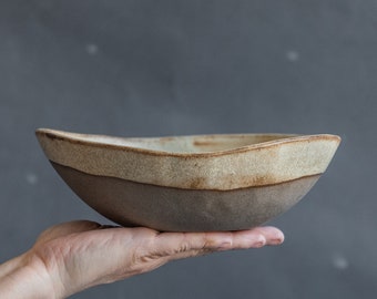 handmade ceramic BOWL for salad, granola, soup, and cereal in minimal natural geometric design, beige color, handmade stoneware ceramic