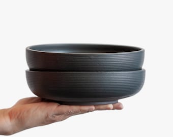 TO ORDER Set of 2 pasta bowls in japan style for everyday in modern minimal design in beige and grey colors, stoneware, handmade ceramic