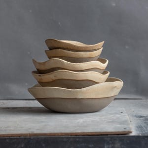 Handmade ceramic SET of 5 x BOWLS, SALAD bowl, pasta bowls, cereal bowl, granola, soup, noodles minimal organic natural geometric design