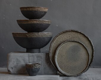 to ORDER a DINNERWARE SET for 1, 2, 4, 6, 8, 10, or 12 people ceramic bowls, plates, and cups in dark greenish in minimal design, stoneware