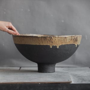 340 oz (10 litres) - Objet de décoration - Grande coupe à fruits artisanale en céramique vert foncé et noire, style wabi-sabi, cadeau en céramique