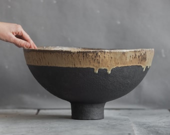 340 oz 10 liters INTERIOR OBJECT huge handmade ceramic fruit BOWL in dark green and black, wabi-sabi, ceramic gift