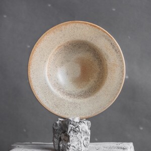 Peut inclure: Un grand bol rond en céramique de couleur crème avec un glaçage moucheté. Le bol a une légère lèvre et repose sur une pierre grise rugueuse.