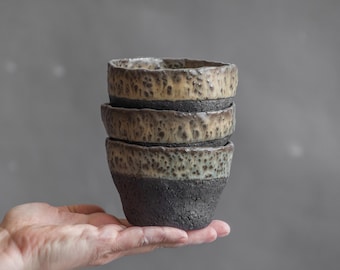 in stock SET of 3 x COFFEE CUPS tumblers in greenish in wabi sabi style for coffee rituals, rustical design, handmade stoneware ceramics