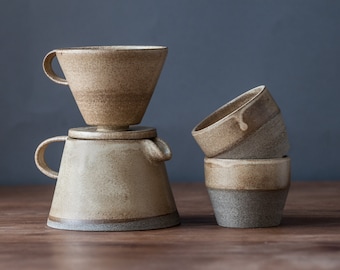 TO ORDER Set of coffee dripper/pour over+coffee jug/pot+two tumblers in beige color, stoneware, handmade ceramic