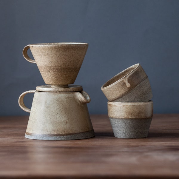 TO ORDER Set of coffee dripper/pour over+coffee jug/pot+two tumblers in beige color, stoneware, handmade ceramic