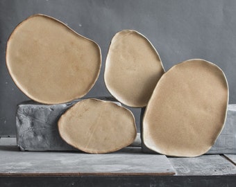 in STOCK the SET of 4 x flat PLATES in natural geometric design, warm beige color, handmade ceramic, stoneware, smooth organic natural lines