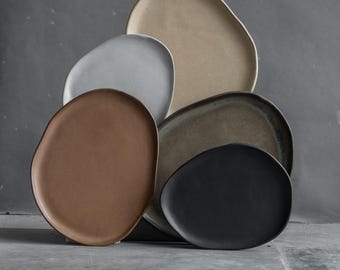 to ORDER SET of 2 x flat PLATES in organic/natural geometric design, brown, beige, white color, handmade ceramic, stoneware, smooth lines