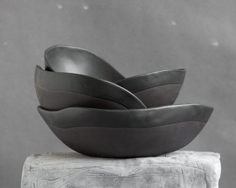 Set of Black Handmade Ceramic Bowls – Pasta, Salad, Soup, Minimal Design