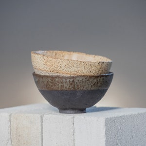 TO ORDER a set of x 2 BOWLS in warm beige and dark greenish in wabi-sabi style for every day in minimal design, stoneware, handmade ceramic