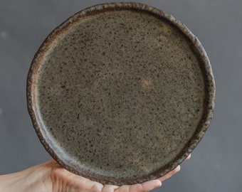 in STOCK SET of 2 x middle size flat PLATES for every day in dark chocolate&grey-black color, handmade ceramic, stoneware