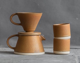 TO ORDER Set of coffee dripper pour over + coffee jug server + two cups tumblers in Golden Ocher color, stoneware, handmade ceramic