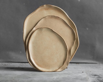 Set of 3 Ceramic Plates – Warm Beige Oval Uneven Forms, S/M/L