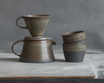 IN STOCK Set of coffee dripper/pour over+coffee jug/pot+two tumblers in brown on black color, stoneware, handmade ceramics, coffee lover set