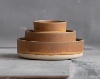 IN STOCK Set of 3 nest bowls, ramen bowl/versatile bowl in ochre on white color stoneware handmade ceramics, Birthday gift, versatile bowls