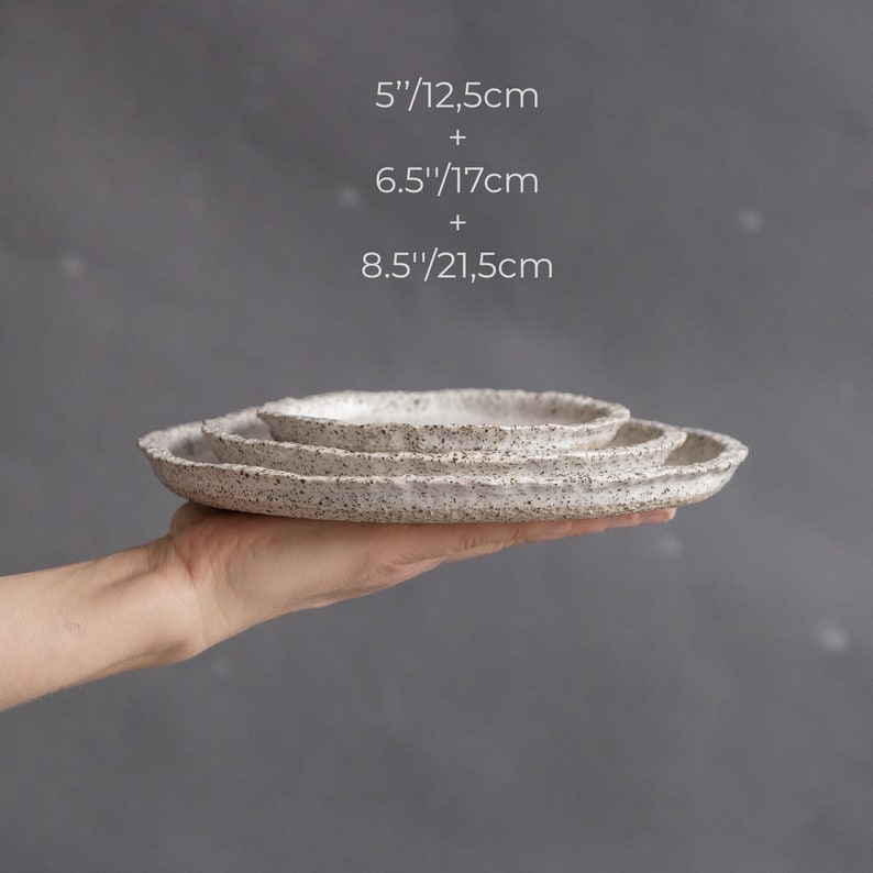 TO ORDER a SET of 2 or more flat plates for every day in wabi-sabi design, dark in white and gray color, handmade ceramic, stoneware set of 5"+6.5"+8.5" inches