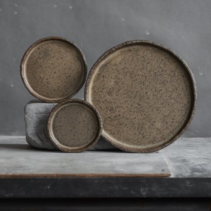 TO ORDER SET of 2 x flat plates for every day in wabi sabi design, dark chocolate&grey-black color, handmade ceramic, stoneware image 1