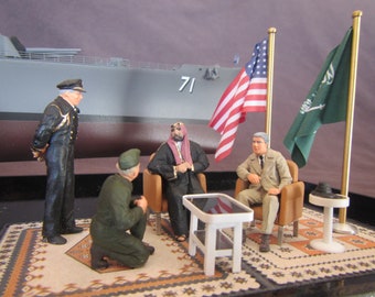 SOLD: Commissioned scene, with ship model depicting historic meeting between FDR and King Aziz of Saudi Arabia