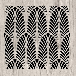 May include: Black and white geometric pattern with a repeating design of overlapping arcs. The pattern is reminiscent of Art Deco style.