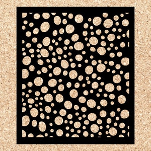 May include: Black and white geometric pattern with a repeating design of circles of varying sizes. The pattern is framed by a black border.