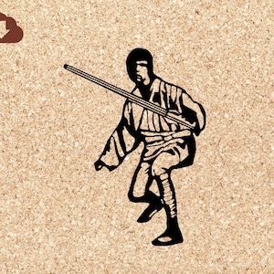 Puede incluir: Una silueta en blanco y negro de una persona sosteniendo un sable de luz en una pose de lucha.