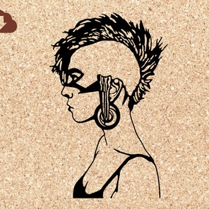 May include: Black and white line art illustration of a person with a mohawk hairstyle and a large earring. The person is looking to the side.
