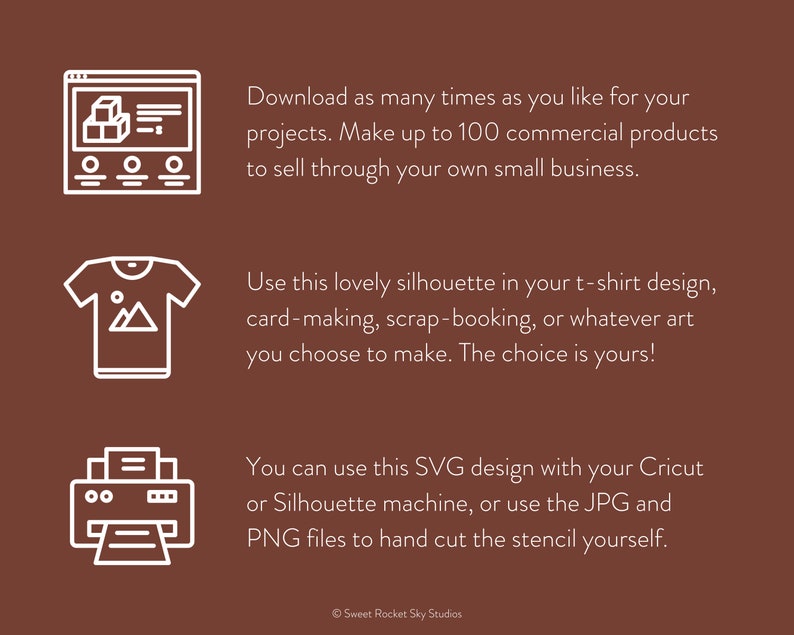 May include: A white outline illustration of a computer screen with a graphic of three boxes stacked on top of each other. Below the screen are three circles. The text below the image reads: "Download as many times as you like for your projects. Make up to 100 commercial products to sell through your own small business."