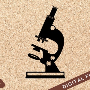 May include: Black silhouette of a microscope on a corkboard background. The microscope has a round base and a long, thin tube with a lens at the top.