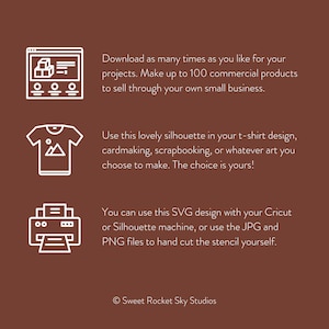 May include: A white line drawing of a computer screen with a box icon, a t-shirt with a mountain icon, and a printer with a paper icon. The text below the images reads: "Download as many times as you like for your projects. Make up to 100 commercial products to sell through your own small business. Use this lovely silhouette in your t-shirt design, cardmaking, scrapbooking, or whatever art you choose to make. The choice is yours! You can use this SVG design with your Cricut or Silhouette machine, or use the JPG and PNG files to hand cut the stencil yourself. &copy; Sweet Rocket Sky Studios"