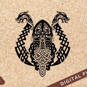May include: Black and white vector illustration of a Viking helmet with two dragon heads on either side. The helmet is decorated with intricate knotwork.