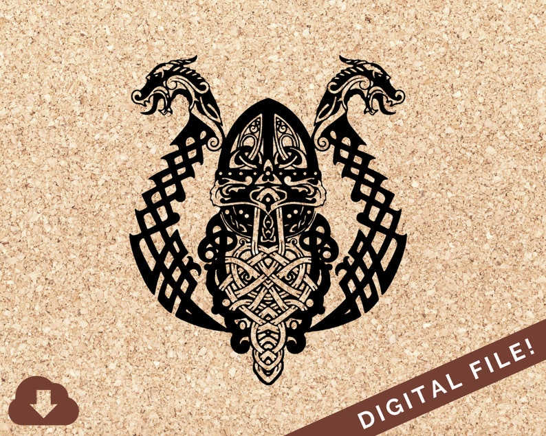 May include: Black and white vector illustration of a Viking helmet with two dragon heads on either side. The helmet is decorated with intricate knotwork.