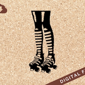 May include: Black and white silhouette of a person wearing striped stockings and roller skates.