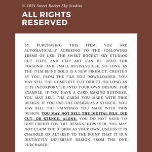 May include: A brown background with white text outlining the terms of use for digital files. The text states that the files can be used for personal and small business use, but the digital file, die cut, or stencil cannot be sold alone.