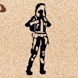 May include: A black silhouette of a person wearing a fur-lined hat, a jacket, and pants. The person is carrying a backpack and has a belt around their waist.