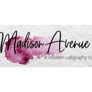 May include: A modern calligraphy font called "Madison Avenue" written in black script on a pink watercolor background.
