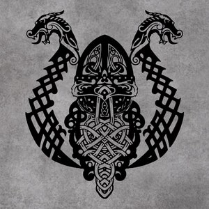 May include: Black and white illustration of a Viking helmet with two dragons flanking the sides. The helmet is decorated with intricate knotwork and the dragons have detailed scales and horns.