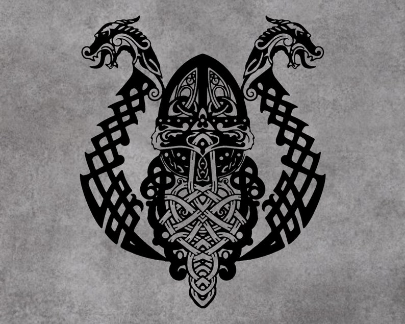 May include: Black and white illustration of a Viking helmet with two dragons flanking the sides. The helmet is decorated with intricate knotwork and the dragons have detailed scales and horns.