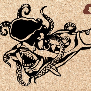 May include: Black and white illustration of an octopus attacking a shark. The octopus has its tentacles wrapped around the shark's body, and the shark's mouth is open in a menacing snarl.