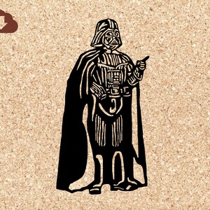 May include: Black and white illustration of Darth Vader from Star Wars. He is wearing his iconic helmet and cape, and has his hand raised in a gesture of command.