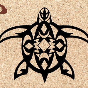 May include: Black and white silhouette of a stylized turtle with geometric patterns. The turtle is facing forward with its head raised and its legs outstretched.