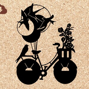 May include: A black silhouette of a bicycle with a basket of flowers on the handlebars. The bicycle is decorated with balloons and a bird perched on the back.