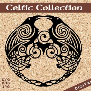 May include: Black and white Celtic knot design featuring two stylized birds facing each other. The birds are intertwined with intricate knotwork and spirals. The design is framed by a circular border.