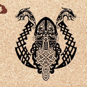 May include: Black and white illustration of a Viking helmet with two dragons flanking the sides. The helmet is adorned with intricate knotwork and the dragons have detailed scales and horns.