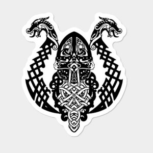 May include: Black and white illustration of a Viking helmet with two dragons on either side. The helmet is decorated with intricate knotwork and the dragons have horns and wings.