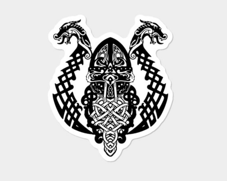 May include: Black and white illustration of a Viking helmet with two dragons on either side. The helmet is decorated with intricate knotwork and the dragons have horns and wings.
