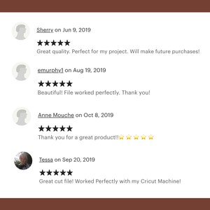 May include: Four customer reviews with five stars each. The reviews are for a digital product. The reviews include the customer's name, date, and a short comment about the product. The comments include phrases like "Great quality", "File worked perfectly", "Thank you for a great product", and "Worked Perfectly with my Cricut Machine!"