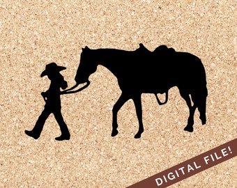 Little Girl Walking A Horse — Cowgirl SVG Cut File Silhouette For Cricut Paper Crafts, s, Art Projects  | PNG JPG Clipart Image