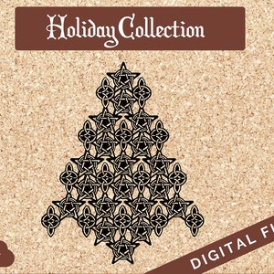 Könnte beinhalten: Schwarzweiß digitaler Download eines keltischen Knotendesigns in Form eines Weihnachtsbaums. Das Design ist kompliziert und detailliert, mit einer Vielzahl von Knoten und Mustern.