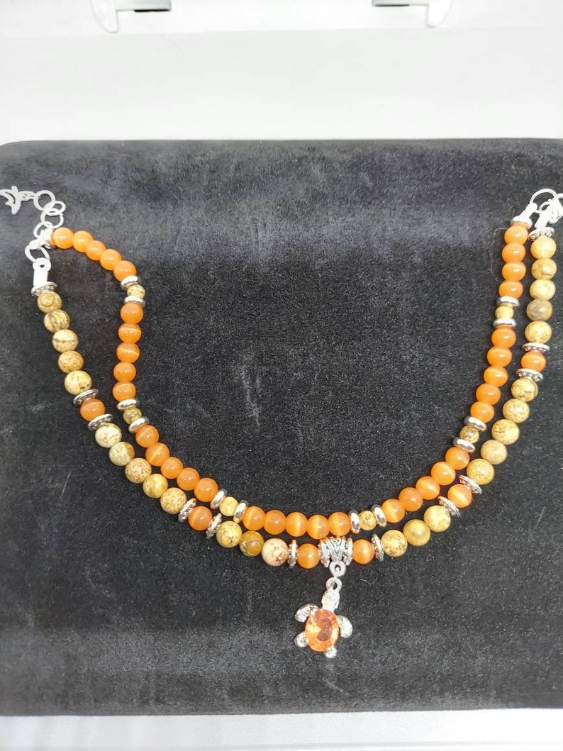 Yellow jasper with champagne cats eye opal ankle bracelet